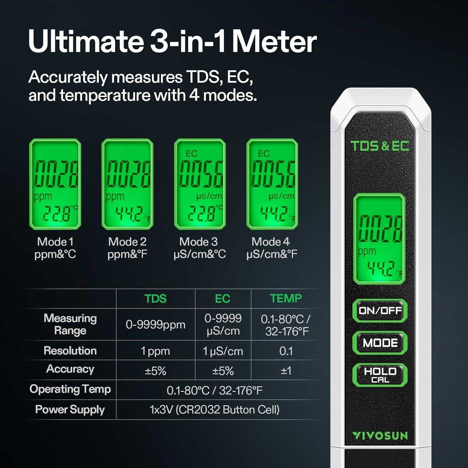 imageVIVOSUN TDS Tester 3in1 TDS EC ampamp Temperature Meter Ultrahigh Accuracy Digital Water Quality TDS Tester BlueWhite