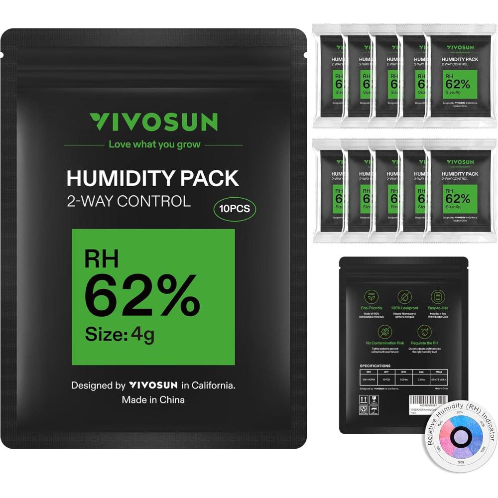 imageVIVOSUN 62 RH TwoWay Humidity Control Packs Size 8 g 10 Packs Each for Storing 1 oz Moisture Balancer with RH Indicator Card for Food Storage4g  10pcs