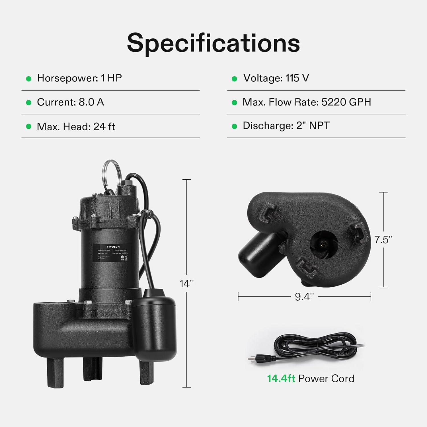 imageVIVOSUN 1 HP Submersible SewageEffluent Pump 5220 GPH Cast Iron Sump Pump with Automatic Adjustable Float Switch ampamp 2 NPT discharge Perfect for Sewage System Septic Tank Basement