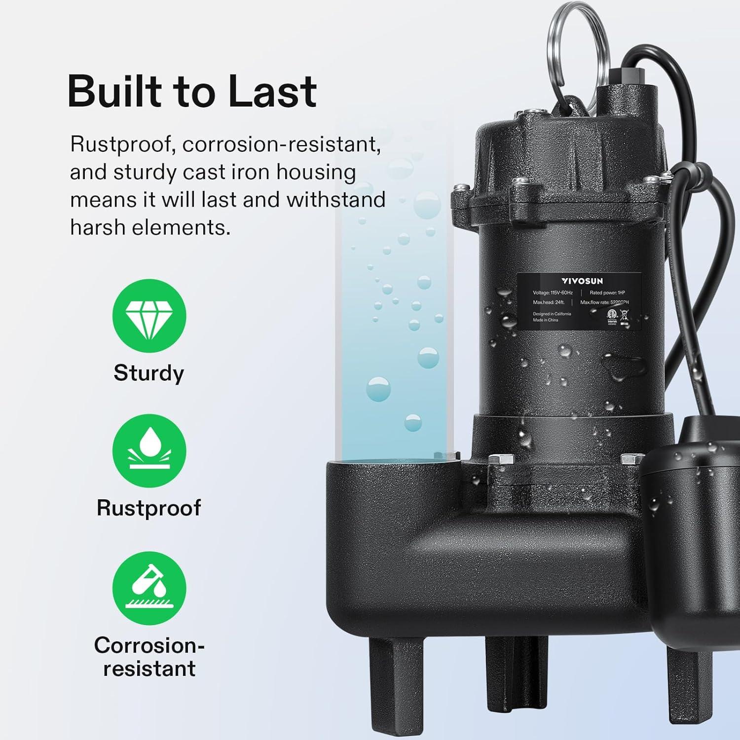 imageVIVOSUN 1 HP Submersible SewageEffluent Pump 5220 GPH Cast Iron Sump Pump with Automatic Adjustable Float Switch ampamp 2 NPT discharge Perfect for Sewage System Septic Tank Basement