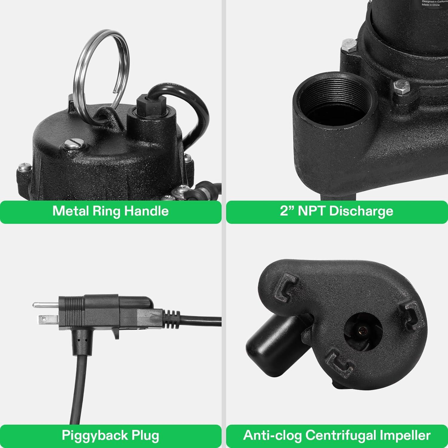 imageVIVOSUN 1 HP Submersible SewageEffluent Pump 5220 GPH Cast Iron Sump Pump with Automatic Adjustable Float Switch ampamp 2 NPT discharge Perfect for Sewage System Septic Tank Basement