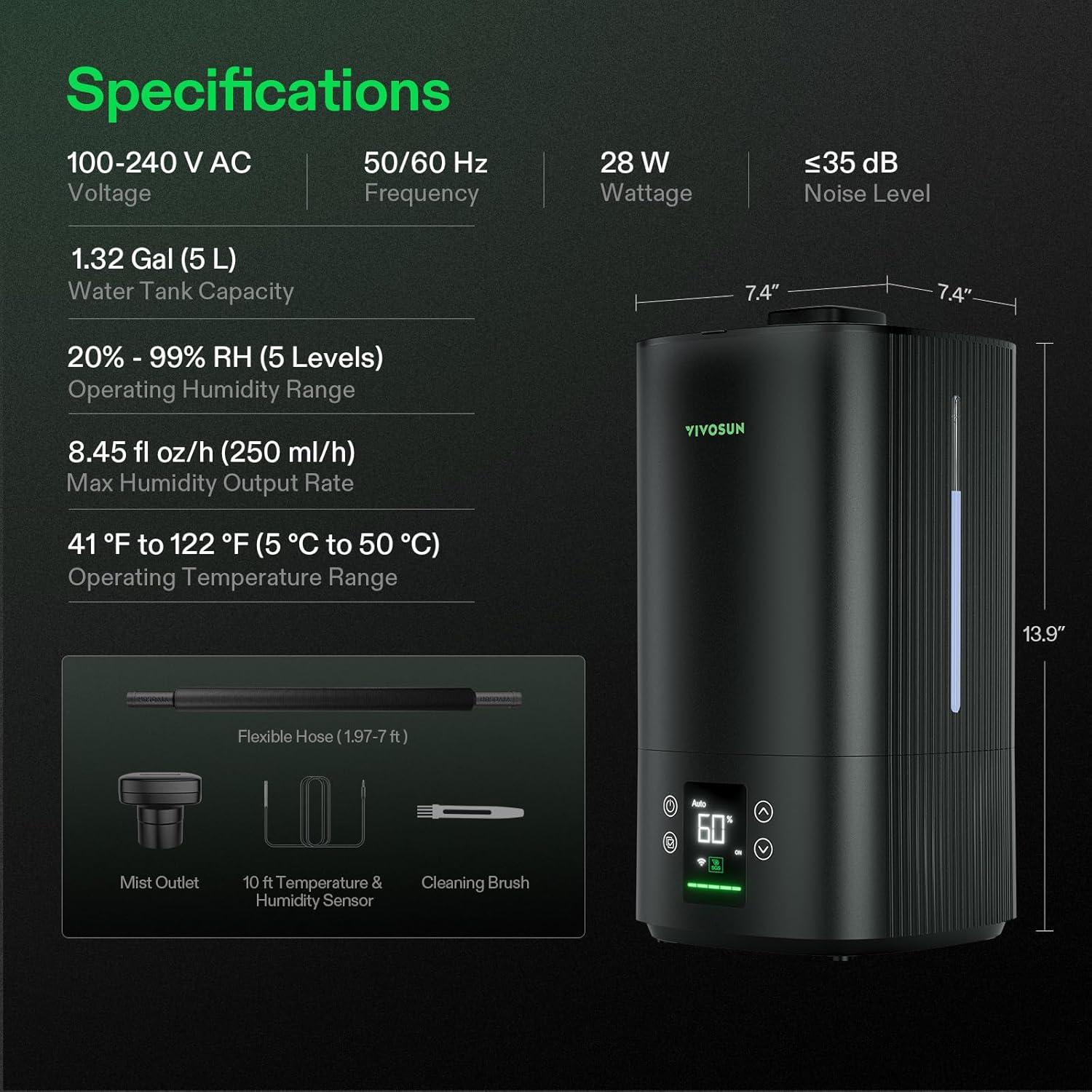 imageVIVOSUN AeroStream H05 Intelligent WiFi Humidifier 132 Gal  5 L Humidifier with Temp ampamp Humidity Probe Smart Remote Control Designed for Growers5 L
