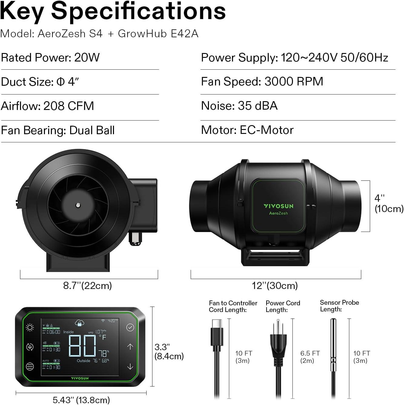 imageVIVOSUN Smart Grow System with AeroLight A100SE 100W LED Grow Light with Circulation Fan AeroZesh S4 4inch 208 CFM Inline Duct Fan and GrowHub E42A Temperature ampamp Humidity WiFiControllerS4 w 100W SE