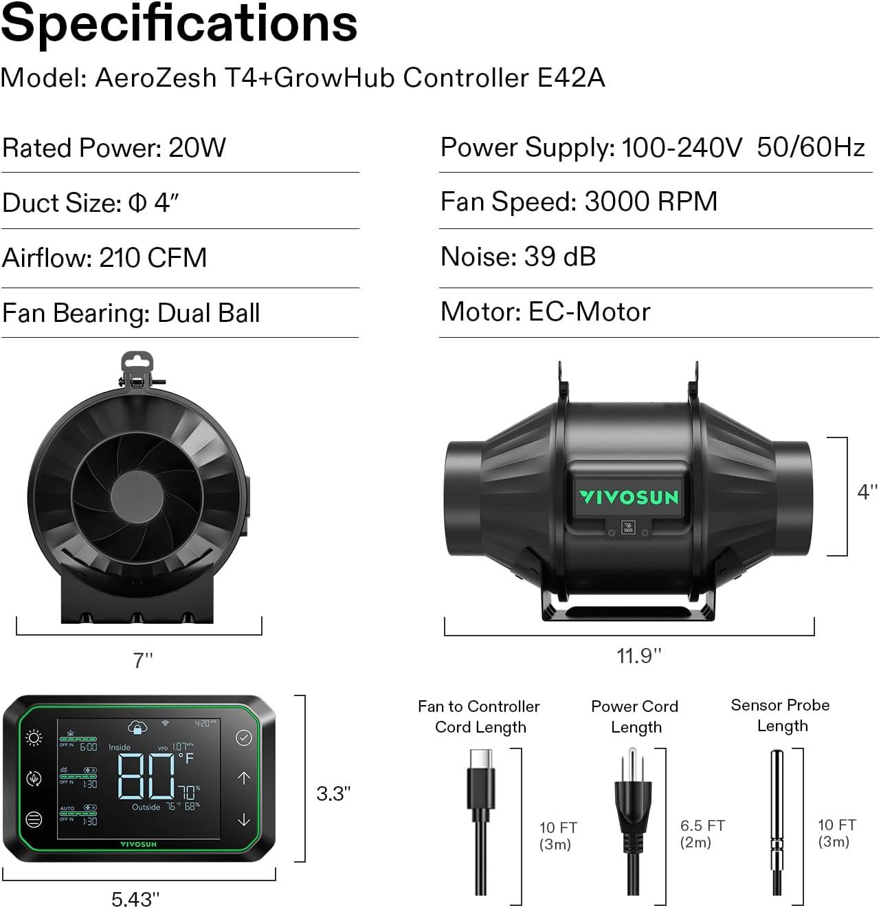 imageVIVOSUN Smart Grow System with AeroLight A100SE 100W LED Grow Light with Circulation Fan AeroZesh S4 4inch 208 CFM Inline Duct Fan and GrowHub E42A Temperature ampamp Humidity WiFiControllerT4 w 100W SE