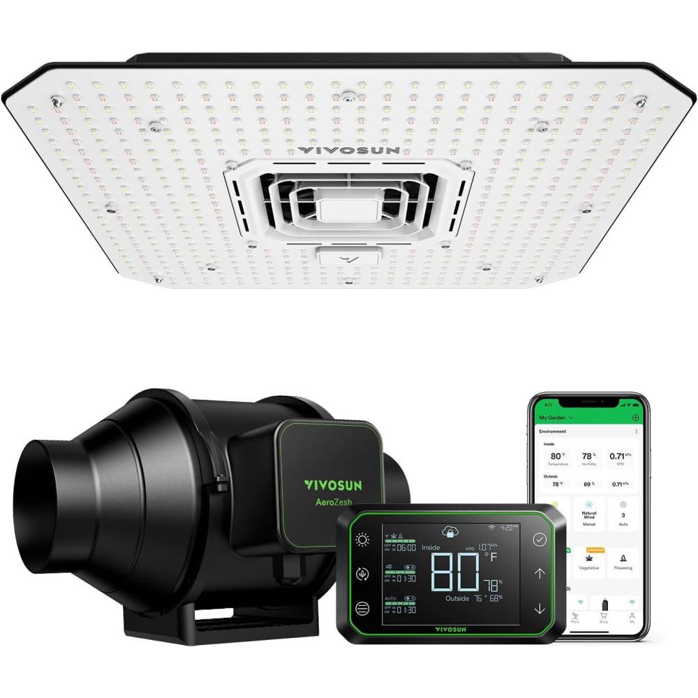 imageVIVOSUN Smart Grow System with AeroLight A100SE 100W LED Grow Light with Circulation Fan AeroZesh S4 4inch 208 CFM Inline Duct Fan and GrowHub E42A Temperature ampamp Humidity WiFiControllerS4 w 100W SE