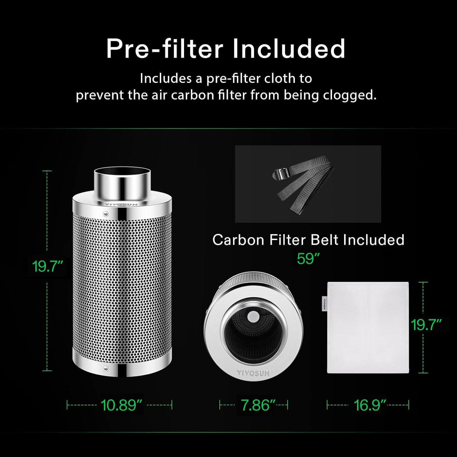 imageVIVOSUN 8 Inch Air Carbon Filter Smelliness Control with Australia Virgin Charcoal for Inline Duct Fan Grow TentPreFilter Included Reversible Flange 8quotx 20quotSilver