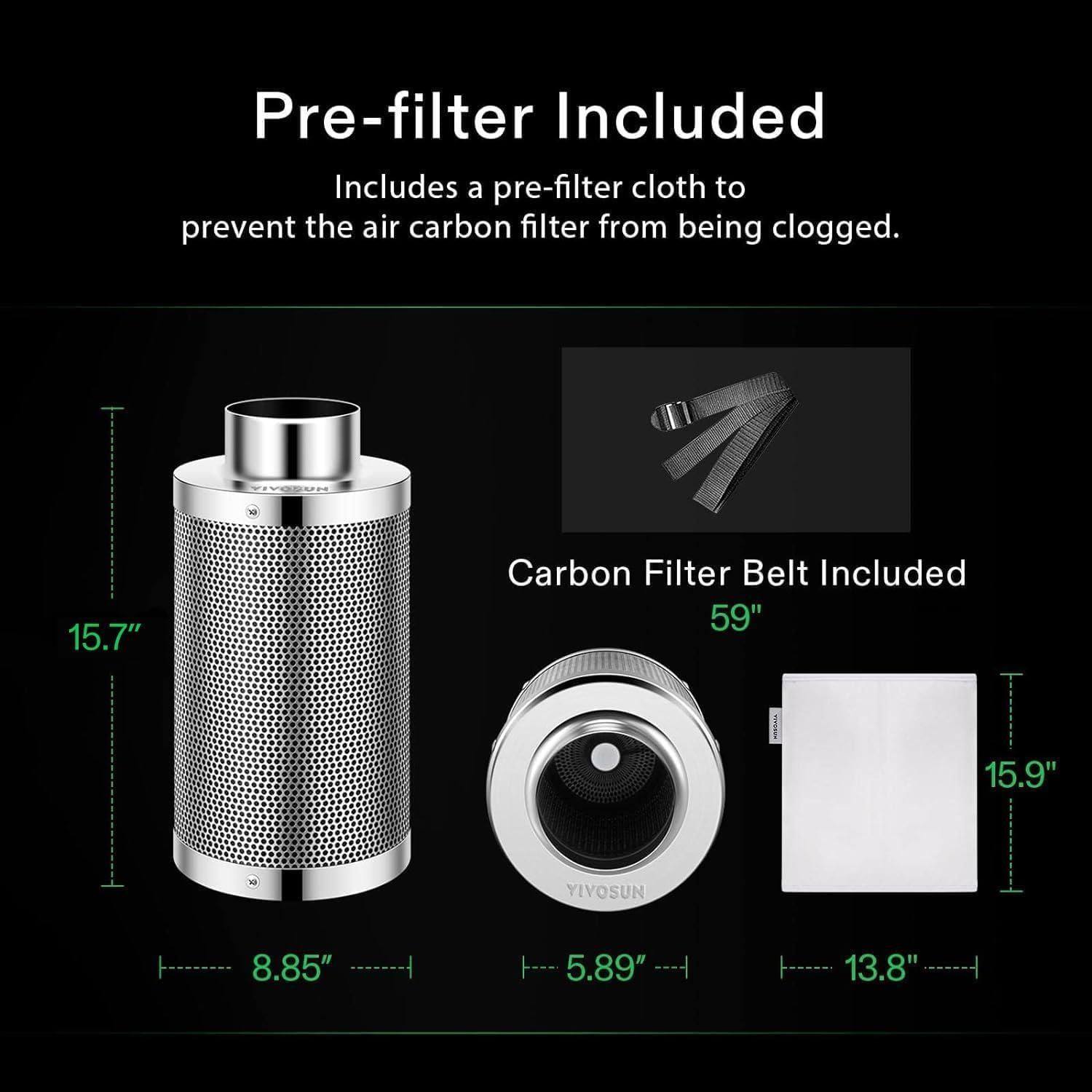 imageVIVOSUN 8 Inch Air Carbon Filter Smelliness Control with Australia Virgin Charcoal for Inline Duct Fan Grow TentPreFilter Included Reversible Flange 8quotx 20quotSilver