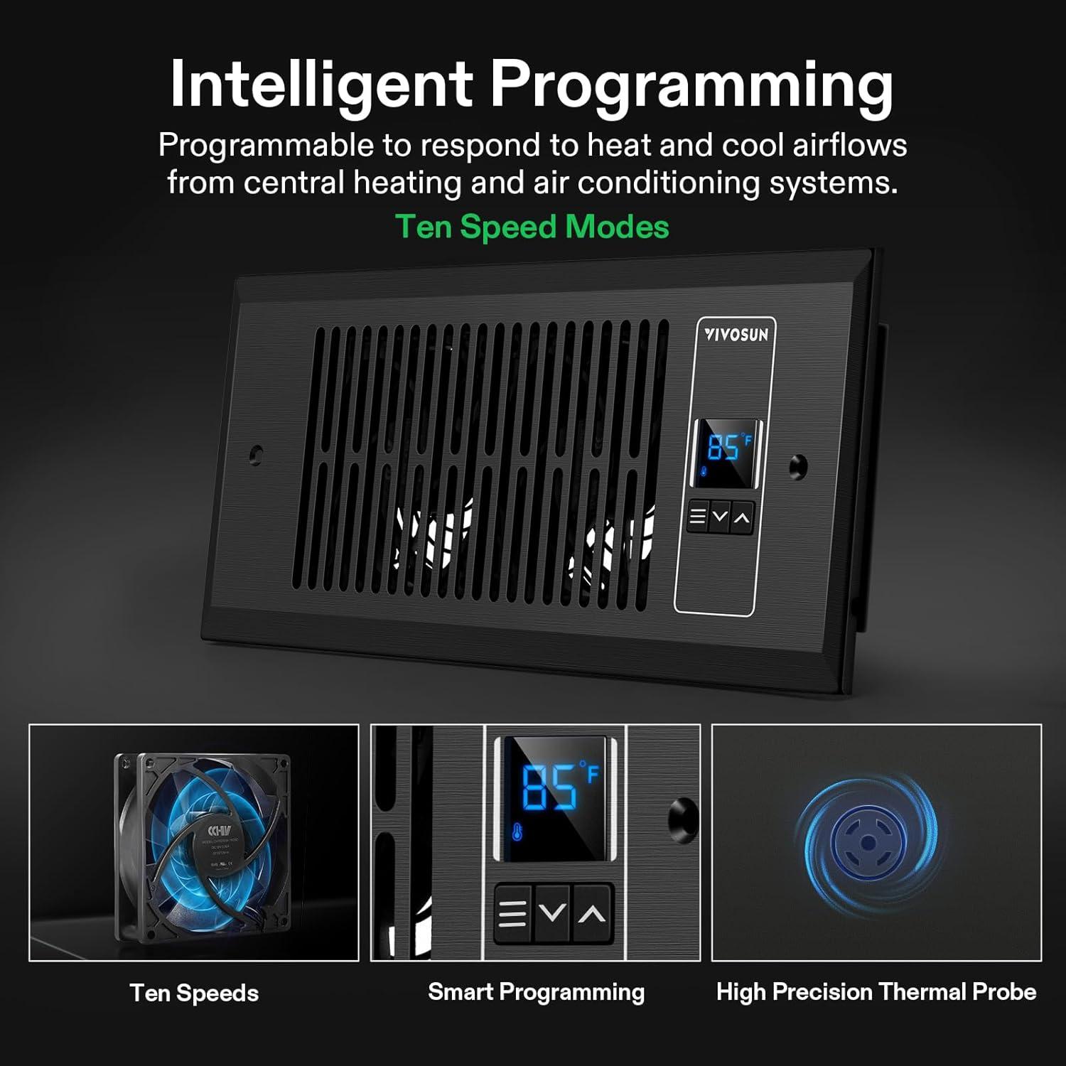 imageVIVOSUN Quiet Register Booster Fan 410 Smart Register Vent with Intelligent Thermostat Control Cooling Heating AC Vent Booster Fan BrownBlack
