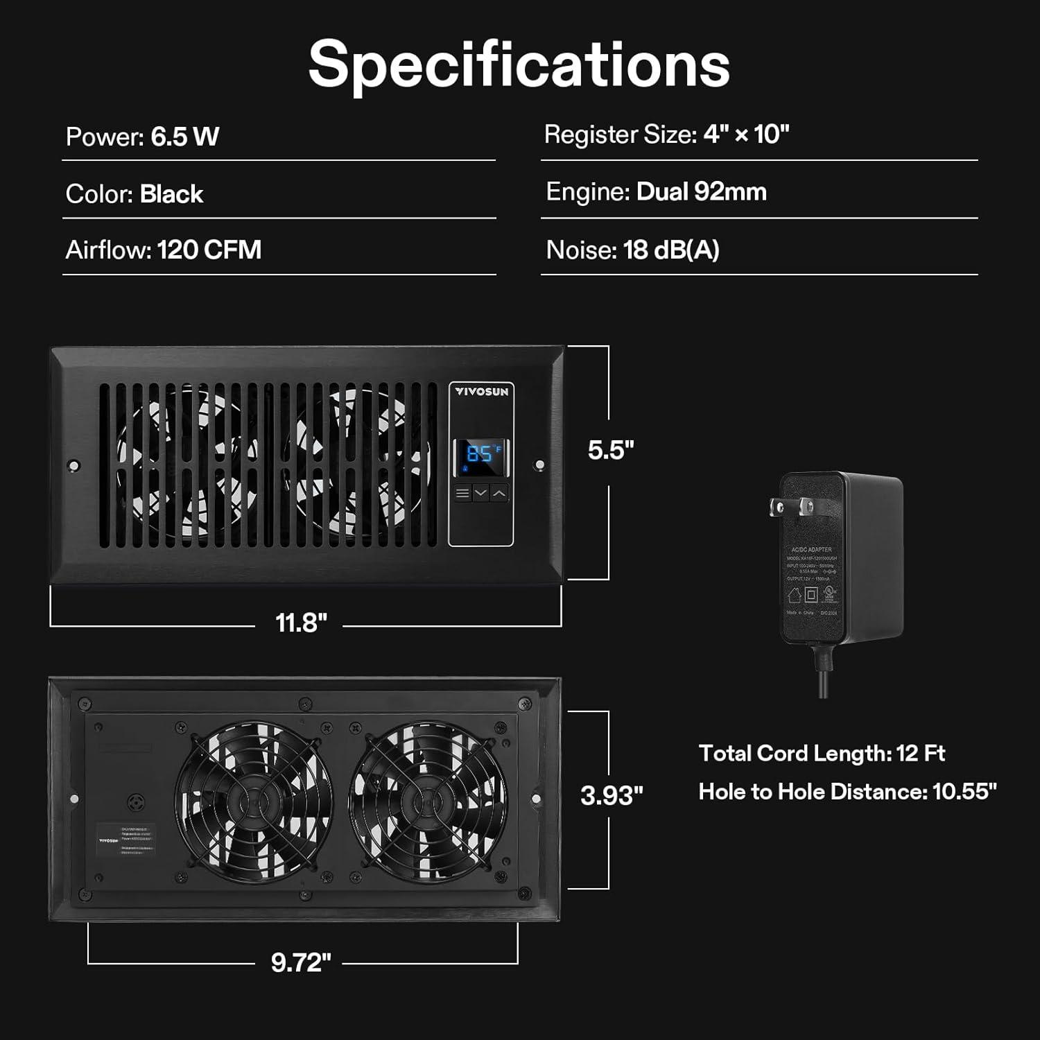 imageVIVOSUN Quiet Register Booster Fan 410 Smart Register Vent with Intelligent Thermostat Control Cooling Heating AC Vent Booster Fan BrownBlack