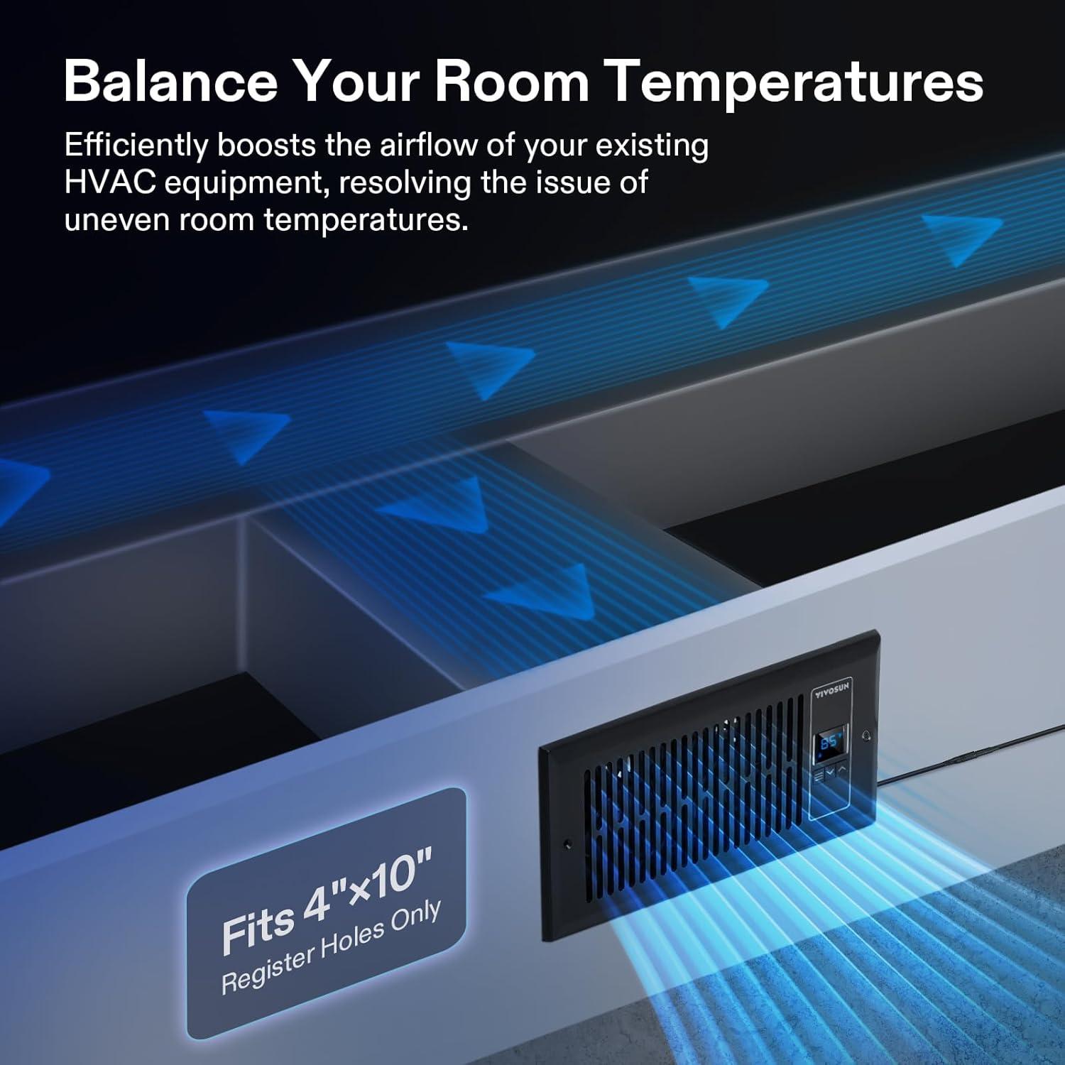 imageVIVOSUN Quiet Register Booster Fan 410 Smart Register Vent with Intelligent Thermostat Control Cooling Heating AC Vent Booster Fan BrownBlack