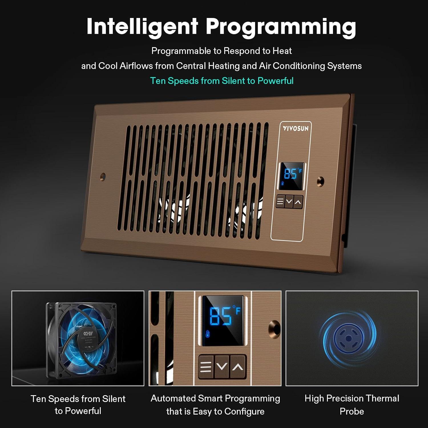 imageVIVOSUN Quiet Register Booster Fan 410 Smart Register Vent with Intelligent Thermostat Control Cooling Heating AC Vent Booster Fan BrownBrown