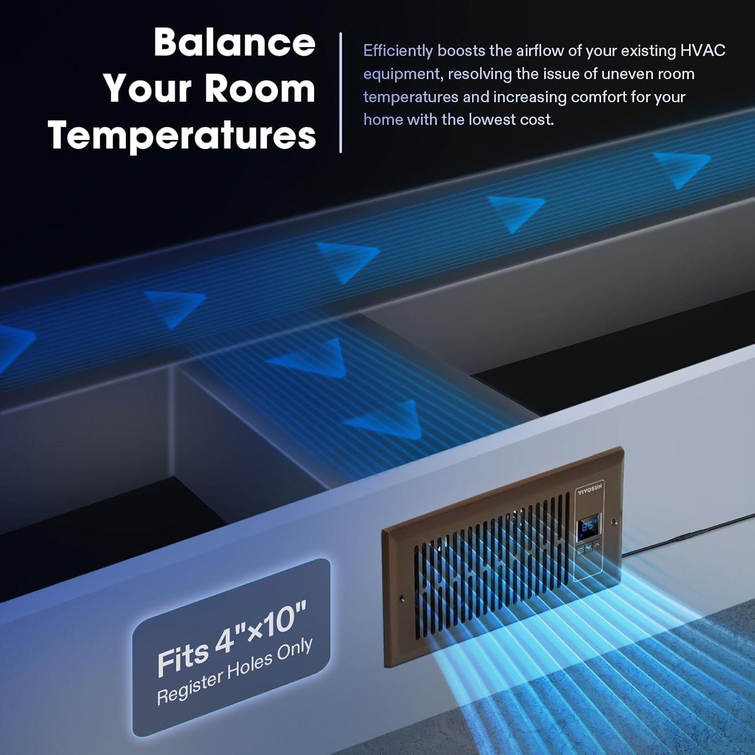 imageVIVOSUN Quiet Register Booster Fan 410 Smart Register Vent with Intelligent Thermostat Control Cooling Heating AC Vent Booster Fan BrownBrown