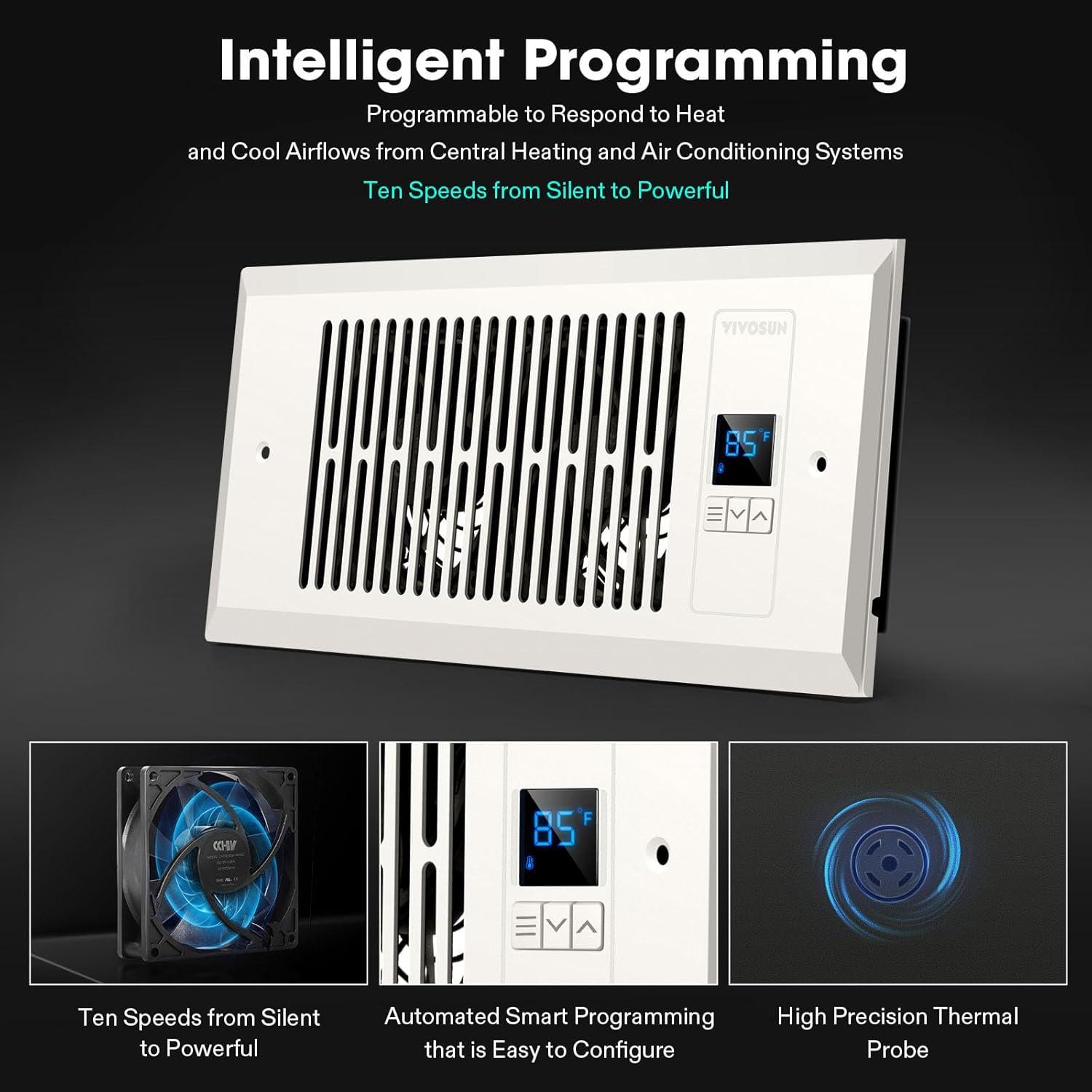 imageVIVOSUN Quiet Register Booster Fan 410 Smart Register Vent with Intelligent Thermostat Control Cooling Heating AC Vent Booster Fan BrownWhite
