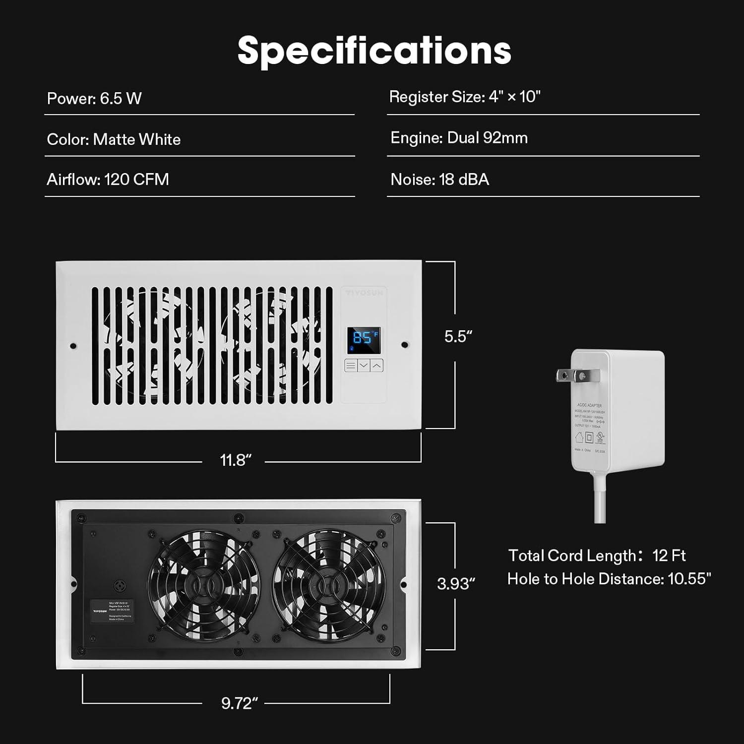 imageVIVOSUN Quiet Register Booster Fan 410 Smart Register Vent with Intelligent Thermostat Control Cooling Heating AC Vent Booster Fan BrownWhite