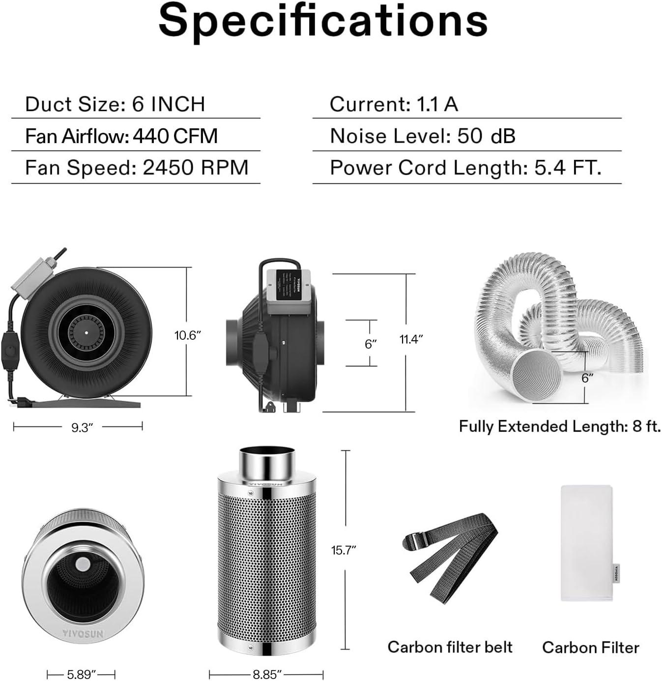 imageVIVOSUN 6 Inch 440 CFM Inline Fan with Speed Controller 6 Inch Carbon Filter and 8 Feet of Ducting Air Filtration Combo for Grow Tent VentilationSilver