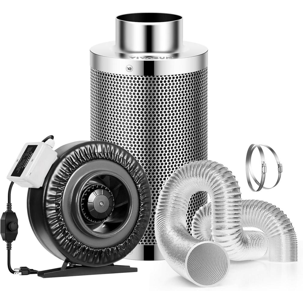 imageVIVOSUN 6 Inch 440 CFM Inline Fan with Speed Controller 6 Inch Carbon Filter and 8 Feet of Ducting Air Filtration Combo for Grow Tent VentilationSilver