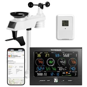 image:imageVIVOSUN 18in1 WiFi Weather Station with Outdoor Sensor CO2 Monitor Color Display Console IndoorOutdoor Weather Thermometer Weather Forecast Alarm Function Wind SpeedDirection Rain Gauge