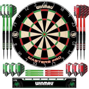 imageWinmau Darts  Masters Pro Premium Bristle Dartboard Set  Includes Dart Board Darts Flights Shafts and Oche Strip  Professional Steel Tip Darts ampamp Dart Board for AdultsDartboard