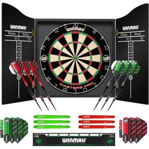 imageWinmau Darts  Masters Pro Premium Bristle Dartboard Set  Includes Dart Board Darts Flights Shafts and Oche Strip  Professional Steel Tip Darts ampamp Dart Board for AdultsDartboard and Cabinet
