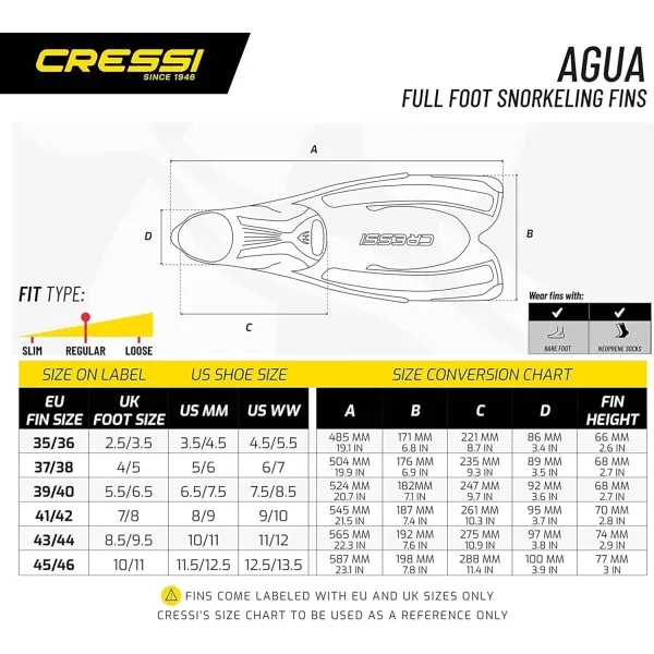 Cressi Adult Snorkeling Fins with Self-Adjustable Comfortable Full Foot Pocket | Perfect for Traveling | Agua: made in Italy