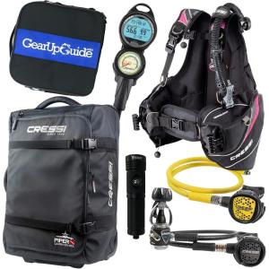 imageCressi Travelight 15 LBS Scuba Diving Package Carry On Reg Dive Computer GupG Reg Bag and Kraken Dive TorchPink
