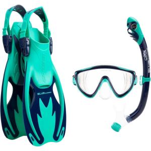 imageCressi Kids Snorkeling Set Short Adjustable Fins Silicone Mask and Dry Snorkel Tinetto Rocks Dry Set Designed in ItalyAqua GreenBlue