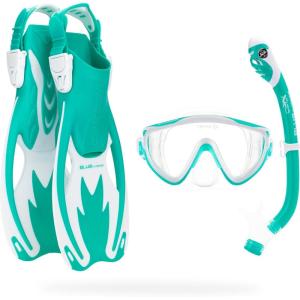 imageCressi Kids Snorkeling Set Short Adjustable Fins Silicone Mask and Dry Snorkel Tinetto Rocks Dry Set Designed in ItalyAqua GreenWhite