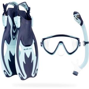 imageCressi Kids Snorkeling Set Short Adjustable Fins Silicone Mask and Dry Snorkel Tinetto Rocks Dry Set Designed in ItalyNavyIce Cyan