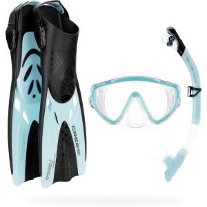 imageCressi Snorkeling Set Short Adjustable Fins Silicone Mask and Dry Snorkel Compact for Travel Adventure Set Designed in ItalyClearIce Cyan