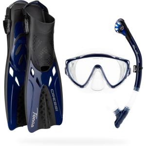 imageCressi Snorkeling Set Short Adjustable Fins Silicone Mask and Dry Snorkel Compact for Travel Adventure Set Designed in ItalyClearNavy