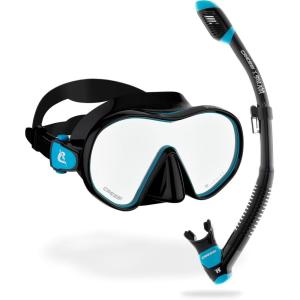 imageLimited Edition HiroQuest Adult Mask ampamp Snorkel Set  Cressi x Steve AokiBlackTurquoise  Spectra lens