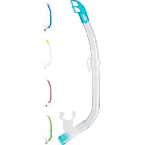 imageCressi Kids SemiDry Snorkel  SplashGuard on Top Bottom Purge Valve Silicone Mouthpiece QuickRelease Keeper  Top made in ItalyClearAquamarine