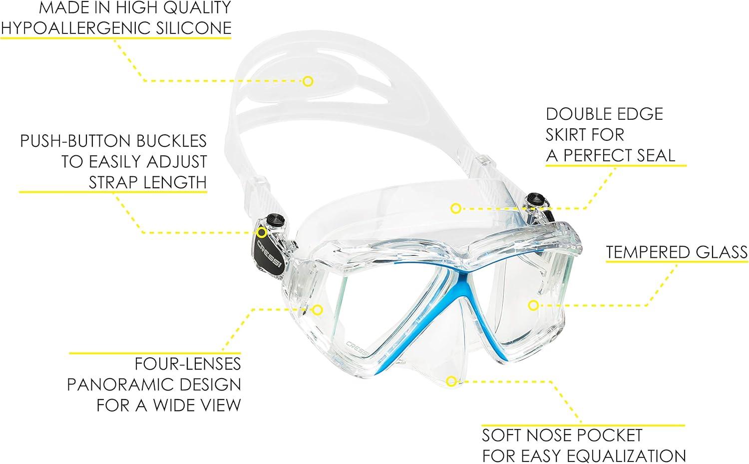 imageCressi Panoramic Wide View Mask ampamp Dry Snorkel Kit for Snorkeling Scuba Diving  Pano 4 ampamp Supernova Dry Designed in ItalyClearAzure