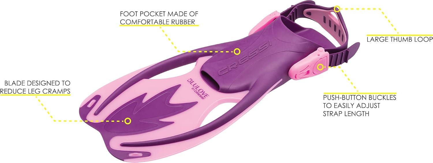 imageCressi Rocks Fins Kids Open Heel Short Fins with Adjustable Straps for Snorkeling and Swimming Quality Since 1946PurplePink