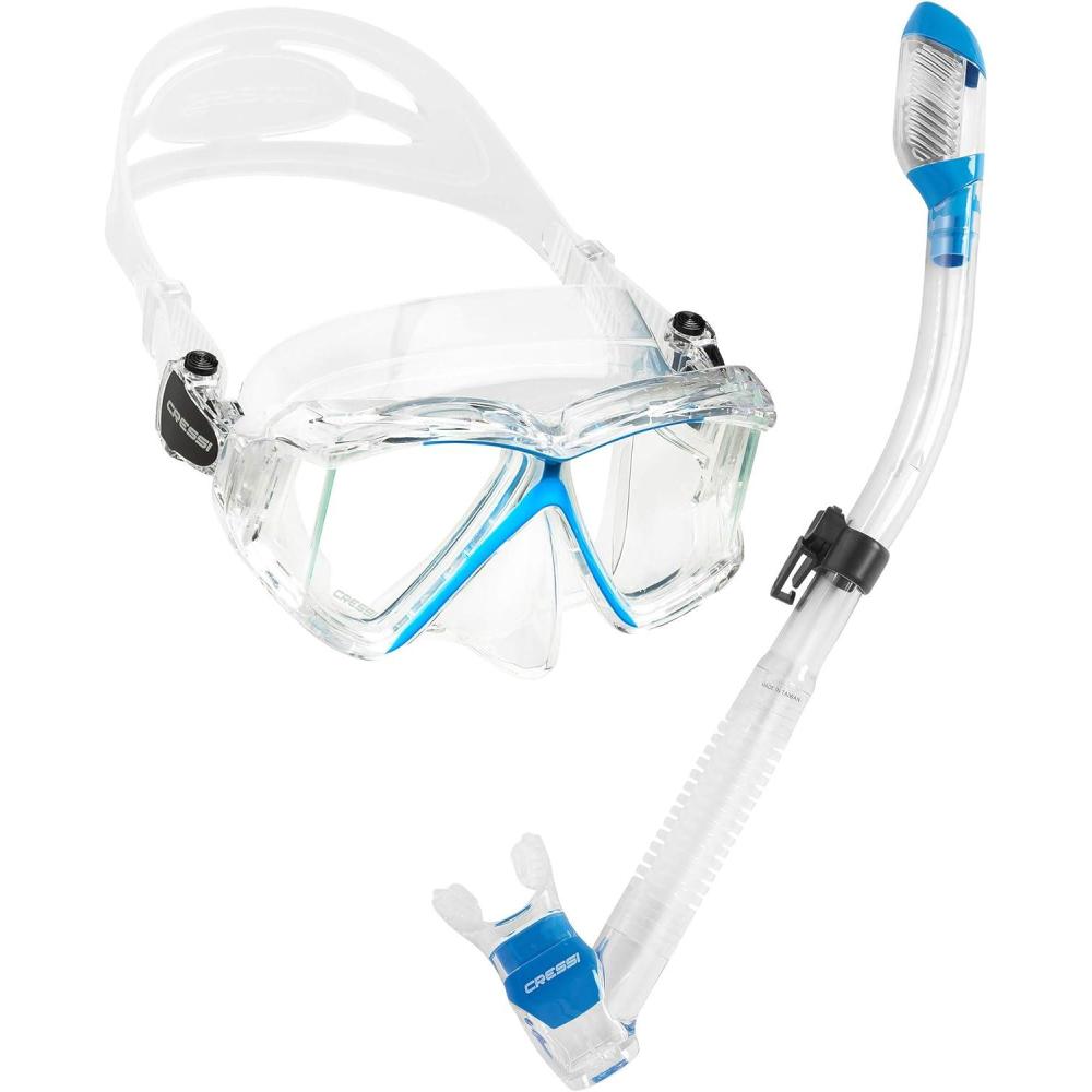 imageCressi Panoramic Wide View Mask ampamp Dry Snorkel Kit for Snorkeling Scuba Diving  Pano 4 ampamp Supernova Dry Designed in ItalyClearAzure