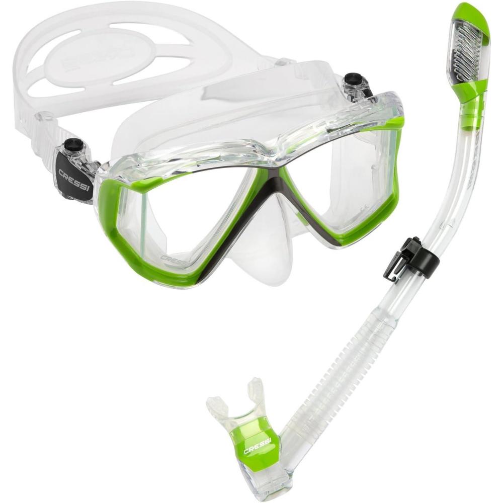 imageCressi Panoramic Wide View Mask ampamp Dry Snorkel Kit for Snorkeling Scuba Diving  Pano 4 ampamp Supernova Dry Designed in ItalyClearLime