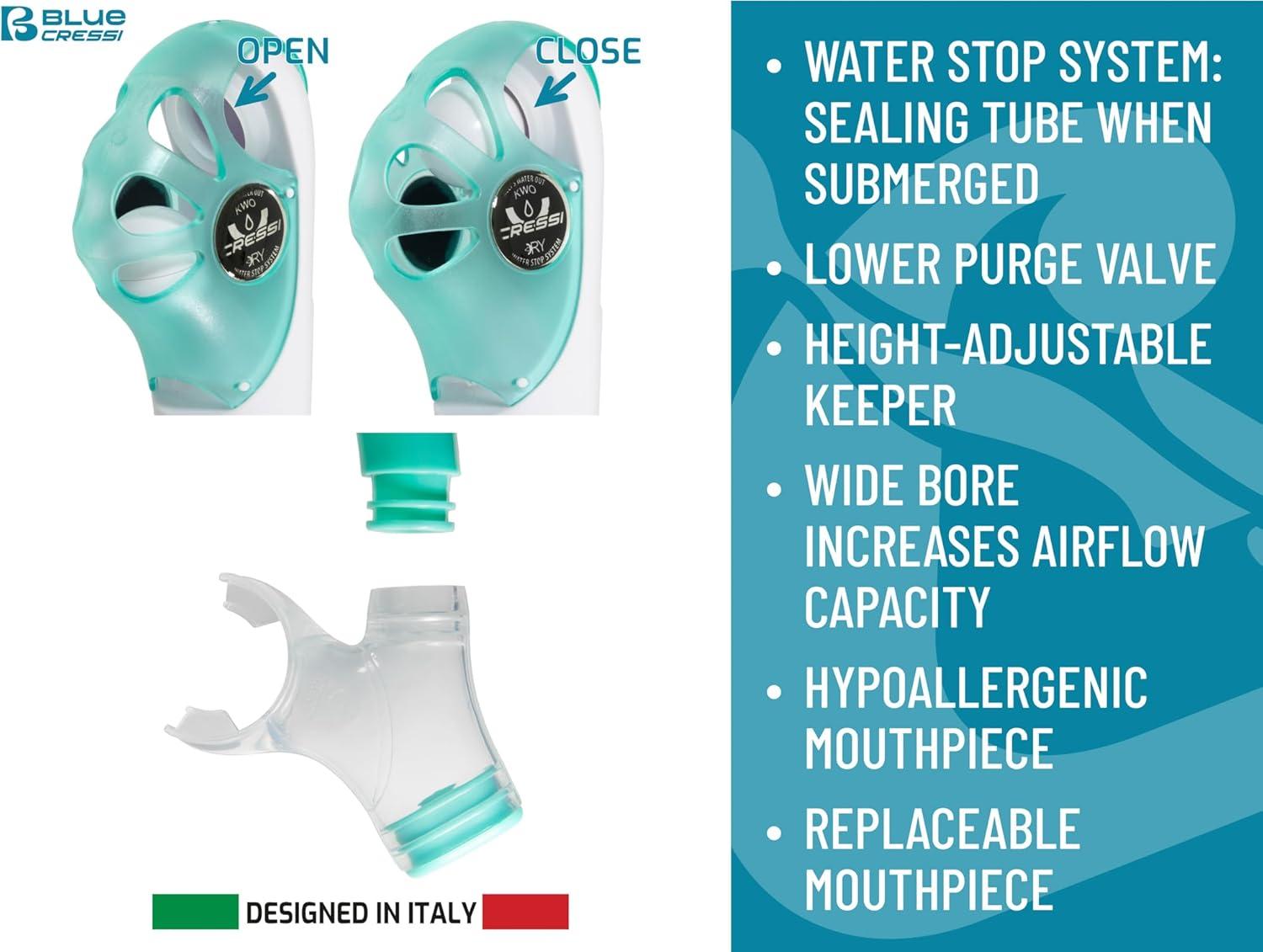 imageCressi Adult Dry Snorkel  Silicone Mouthpiece and Splash Guard to Prevent Water Entry  Orion Dry  Designed in ItalyAqua Green