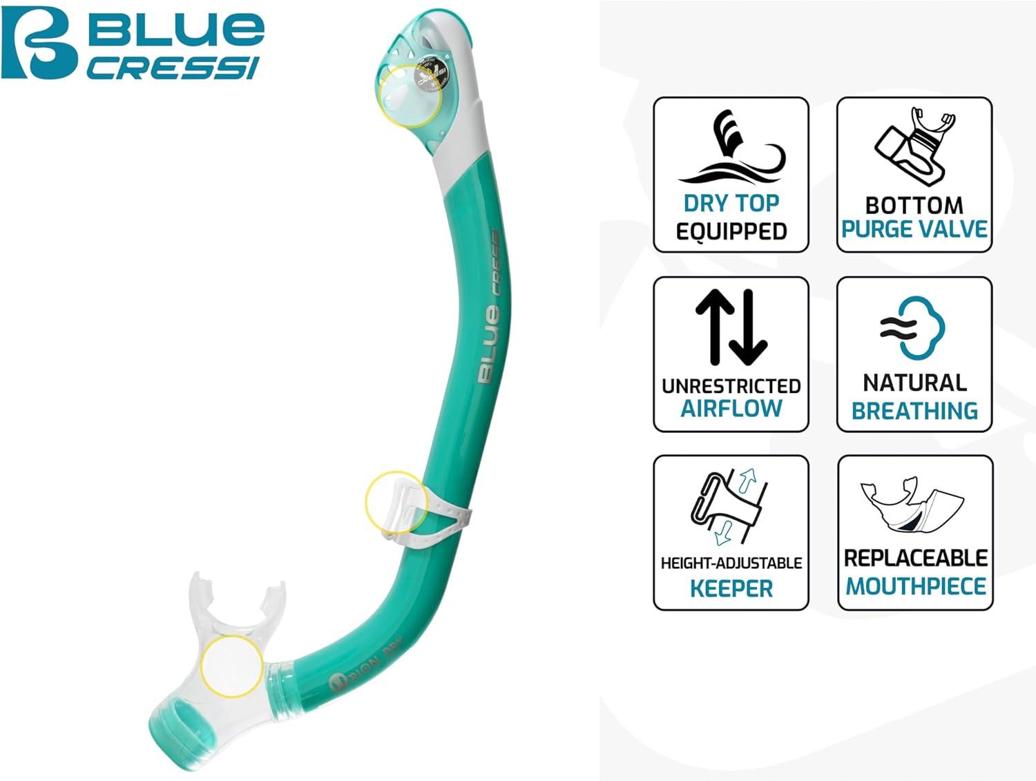 imageCressi Adult Dry Snorkel  Silicone Mouthpiece and Splash Guard to Prevent Water Entry  Orion Dry  Designed in ItalyAqua Green