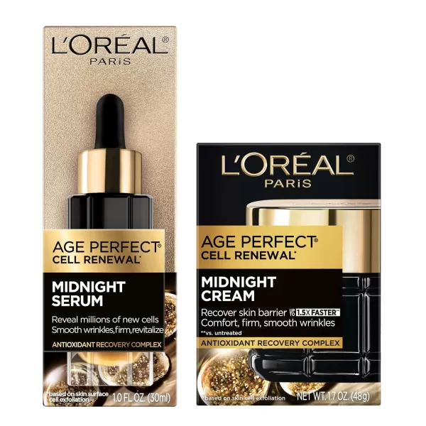 L'Oreal Paris Age Perfect Anti-Aging Midnight Face Serum 1 oz + Midnight Cream 1.7 oz, Smooths Wrinkles &amp; Firms Skin + Eye Cream &amp; Serum Sample