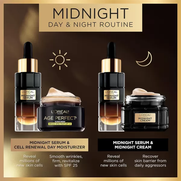 L'Oreal Paris Age Perfect Anti-Aging Midnight Face Serum 1 oz + Midnight Cream 1.7 oz, Smooths Wrinkles &amp; Firms Skin + Eye Cream &amp; Serum Sample