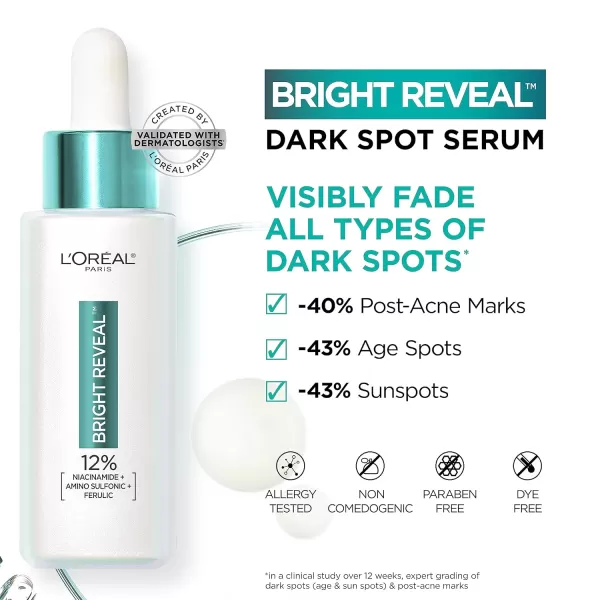 L’Oréal Paris Bright Reveal 12% [Niacinamide + Amino Sulfonic + Ferulic] Dark Spot Serum 1oz + Moisturizer Sample