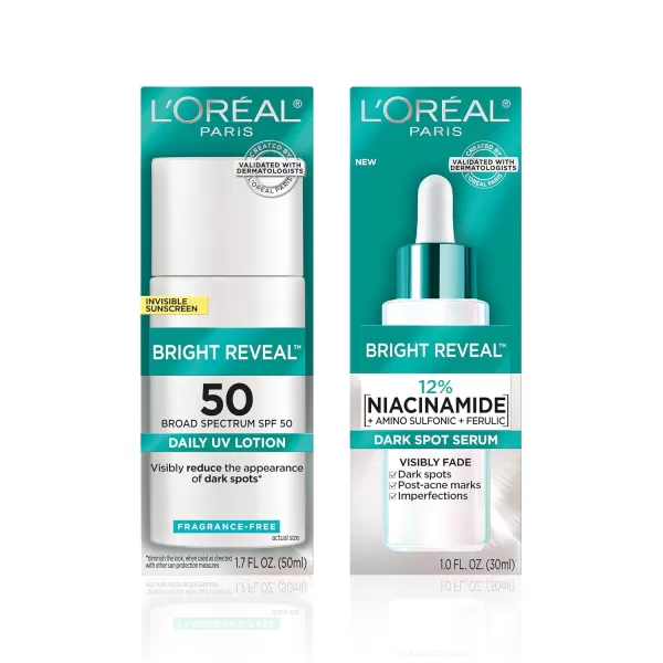 L’Oréal Paris Bright Reveal 12% [Niacinamide + Amino Sulfonic + Ferulic] Dark Spot Serum 1oz + Moisturizer Sample