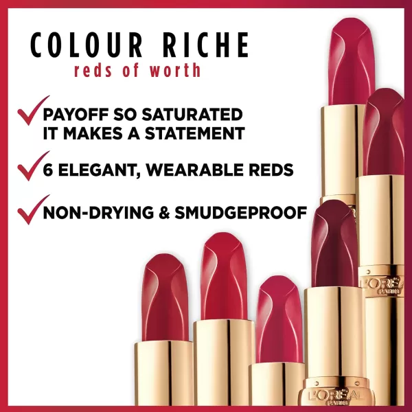 L'Oreal Paris Colour Riche Red Lipstick, Long Lasting, Satin Finish Smudge Proof Lipstick with Hydrating Argan Oil &amp; Vitamin E, Reds of Worth, Hopeful Red, 0.13 Oz