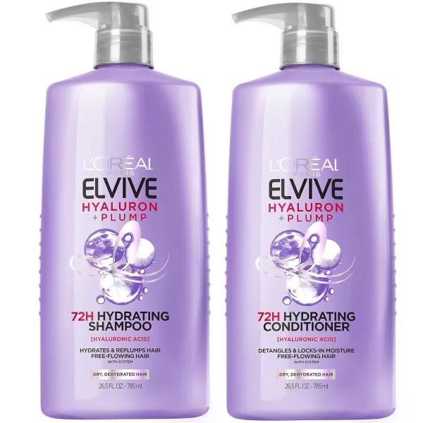 L'Oreal Paris Elvive Hyaluron Plump Hydrating Shampoo &amp; Conditioner for Dehydrated, Dry Hair Infused with Hyaluronic Acid Care Complex, Paraben-Free, 12.6 Fl Oz