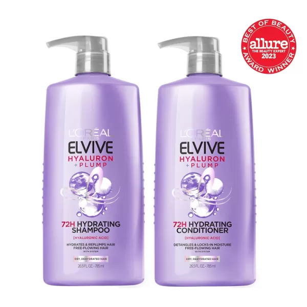 L'Oreal Paris Elvive Hyaluron Plump Hydrating Shampoo &amp; Conditioner for Dehydrated, Dry Hair Infused with Hyaluronic Acid Care Complex, Paraben-Free, 12.6 Fl Oz