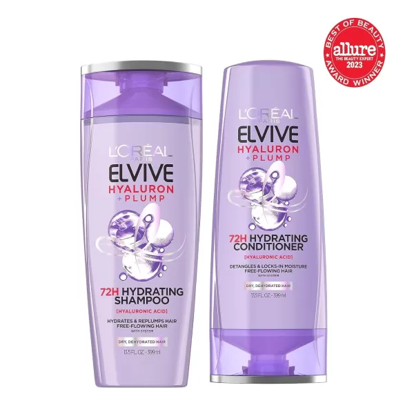 L'Oreal Paris Elvive Hyaluron Plump Hydrating Shampoo &amp; Conditioner for Dehydrated, Dry Hair Infused with Hyaluronic Acid Care Complex, Paraben-Free, 12.6 Fl Oz