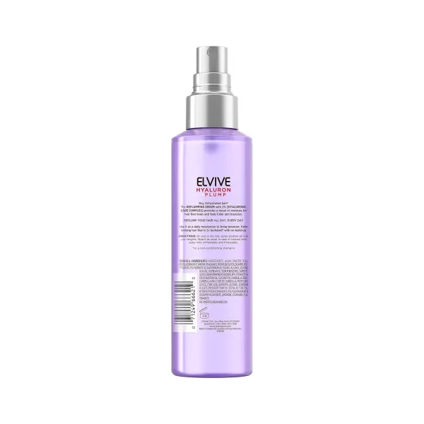 L'Oreal Paris Elvive Hyaluron Plump Moisture Plump Hair Serum for Dehydrated, Dry Hair with Hyaluronic Acid Care Complex, Paraben-Free, 4.4 Fl Oz