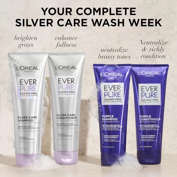 L'Oreal Paris EverPure Silver Care Sulfate Free Shampoo, Brightening and Nourishing Hair Care for Gray and Silver Hair, Vegan Formula with Peptides, 8.5 Fl Oz)