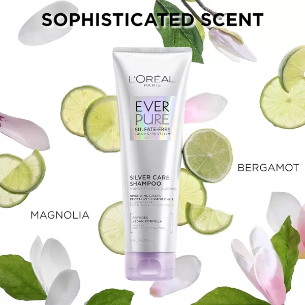 L'Oreal Paris EverPure Silver Care Sulfate Free Shampoo, Brightening and Nourishing Hair Care for Gray and Silver Hair, Vegan Formula with Peptides, 8.5 Fl Oz)