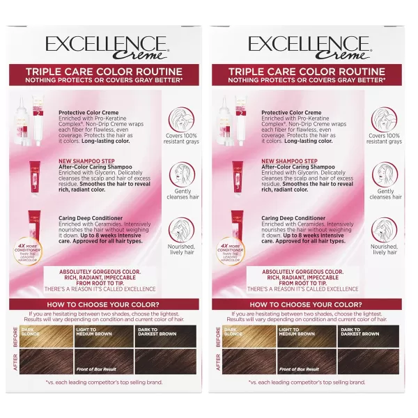 L'Oreal Paris Excellence Creme Permanent Hair Color, 4 Dark Brown, 100 percent Gray Coverage Hair Dye, Pack of 2